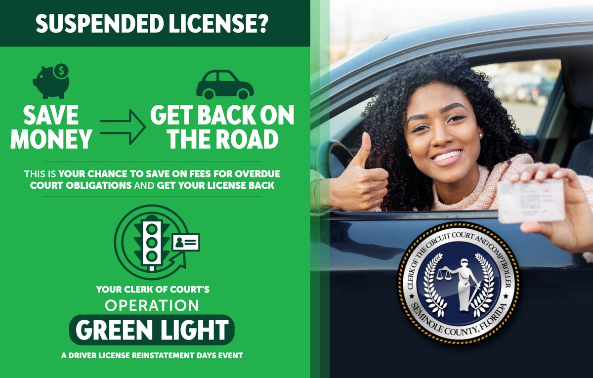 SeminoleClerk's tweet photo. Suspended license? Outstanding court fines or fees? 

Seminole County Clerk of Court &amp; Comptroller, is holding our #OperationGreenLight event starting NEXT WEEK!

In-Office dates: February 24-28
Virtual dates: March 3 -7

Visit https://t.co/juE3wkoEiJ to learn about our event. https://t.co/Gsrq07rURZ