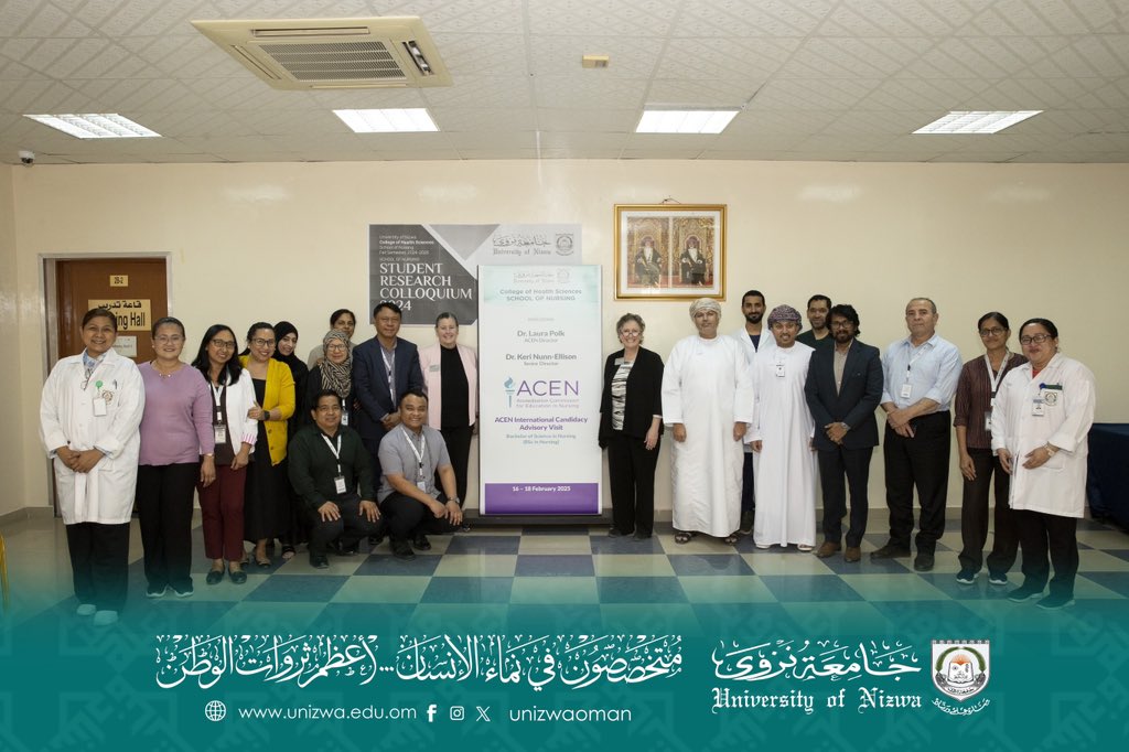 unizwaoman's tweet photo. برنامج بكالوريوس التمريض #بجامعة_نزوى يستقبل وفدًا من لجنة اعتماد تعليم التمريض (ACEN).
الزيارة التي أستمرت من 16 إلى 18 فبراير 2025، وأشرفت عليها الدكتورة لورا بولك والدكتورة كيري نان-إليسون. تأتي في إطار سعي الجامعة نحو اعتماد برنامج التمريض من ACEN ، حيث تمثل هذه الخطوة تقدمًا مهمًا يعكس التزام الجامعة بالتميز في تعليم التمريض.

📢 University of Nizwa Nursing Program Advances in ACEN Accreditation Process 🏥

The University of Nizwa’s Bachelor of Science in Nursing program recently underwent an ACEN International Accreditation Candidacy Advisory Visit from February 16-18, 2025.

This visit, conducted by Dr. Laura Polk & Dr. Keri Nunn-Ellison, marks a significant step toward achieving ACEN accreditation, reinforcing the program’s commitment to excellence in nursing education. 🌍✅

#UoN #NursingEducation #ACEN #Accreditation #Excellence