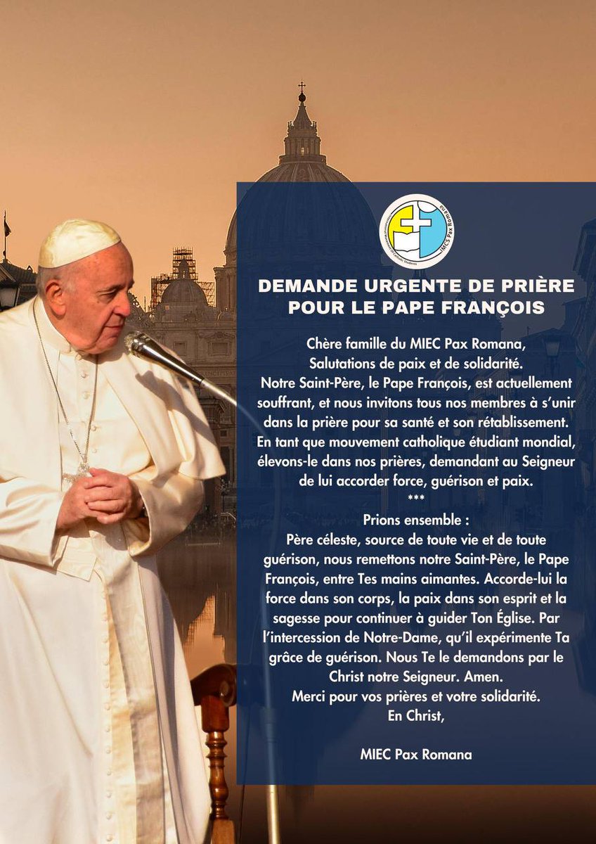 Dear Friends,
Greetings of peace and solidarity.
Our Holy Father, Pope Francis, is currently unwell, and we invite all our members to unite in prayer for his health and recovery.