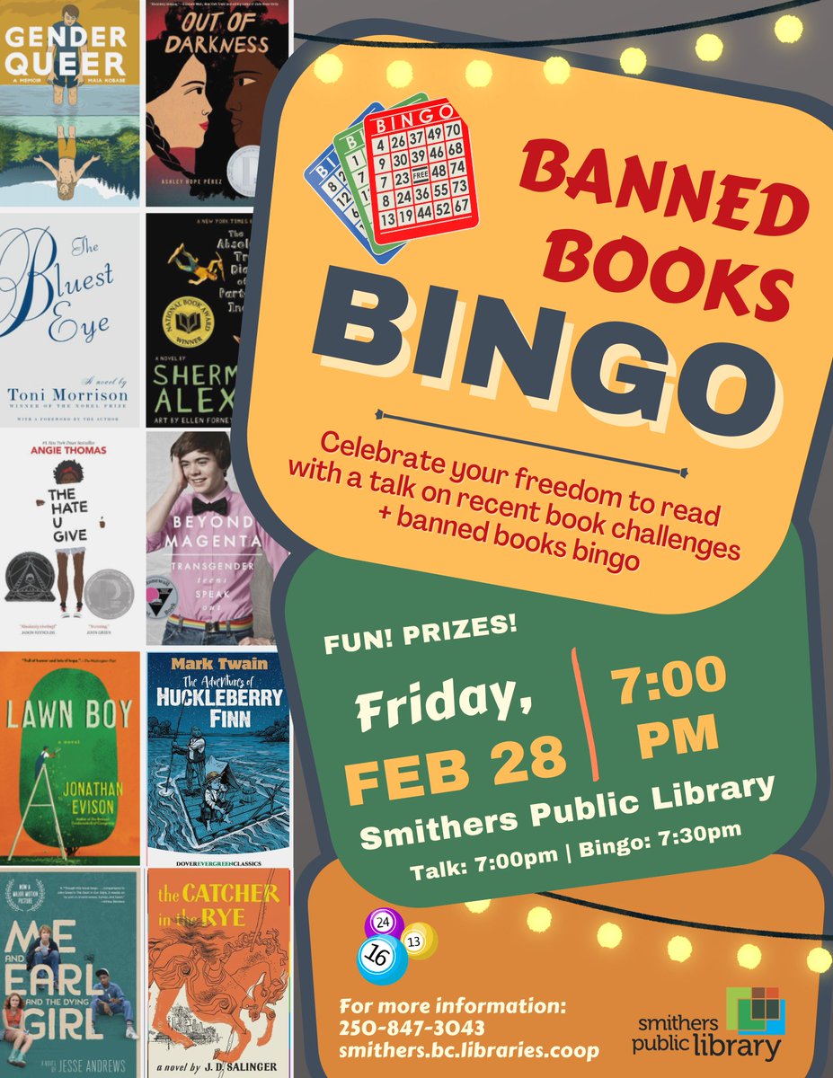 Smithers Library (@smitherslibrary) on Twitter photo Feb. 23-March 1 is Freedom to Read Week in Canada! Join us for an update on censorship attempts in schools & public libraries, then play a round of Banned Books Bingo. #FTRW <a href="/freedomtoreadwk/">Freedom to Read Week</a> Feb. 23-March 1 is Freedom to Read Week in Canada! Join us for an update on censorship attempts in schools & public libraries, then play a round of Banned Books Bingo. #FTRW <a href="/freedomtoreadwk/">Freedom to Read Week</a>