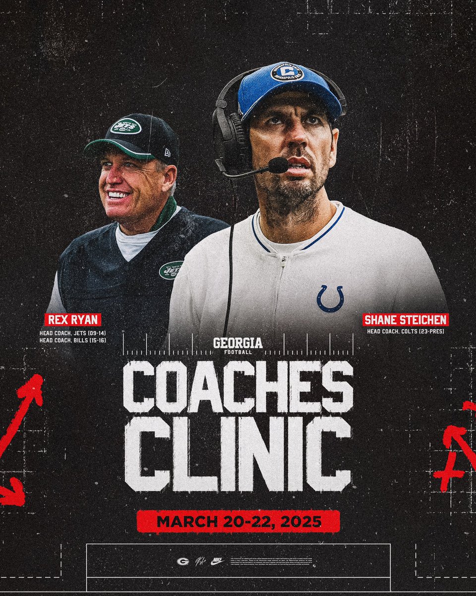 Join the Georgia Football coaching staff for the 2025 Coaches Clinic with guest speakers Rex Ryan and Shane Steichen‼️

📅: March 20-22 
Register: ugaclinic.com

#GoDawgs