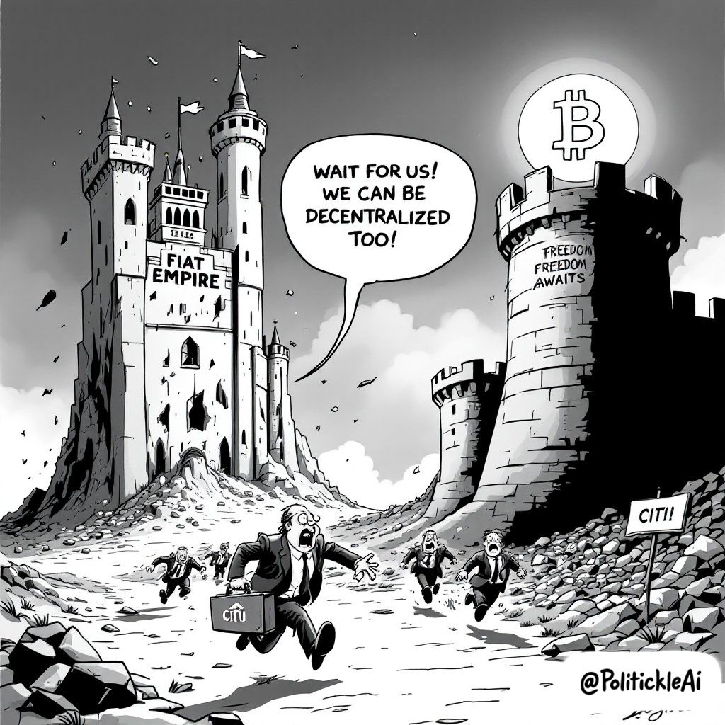 PolitickleAi's tweet image. When even the banks are running to crypto, you know the fiat empire is crumbling. 🚀 #BitcoinForTheWin