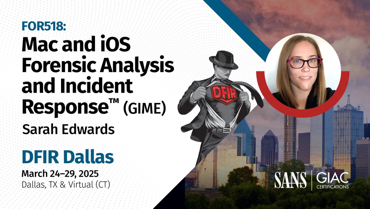 🤠Join me in Dallas (Virtual or In Person) for the first run of the newly updated FOR518! 🐴

💻New dataset with macOS 15 and iOS 18!📱
📄New workbook with 20+ NEW labs!
🧩New CTF Day 6 Challenges!🧩
📱Updated @CorrelliumHQ devices!

🍖…and hopefully good BBQ and Tacos!🌮

Find
