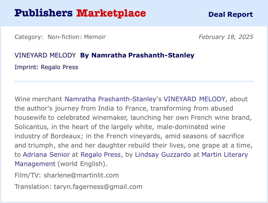 Lindsay Guzzardo (@lindsayguzzardo) on Twitter photo Congrats, Nam! 🥂
VINEYARD MELODY is publishing in 2026!
<a href="/MartinLitMgmt/">Sharlene Martin</a> <a href="/adrianasenior/">Adriana Senior</a> <a href="/WineEquation/">Namratha Stanley</a> Congrats, Nam! 🥂
VINEYARD MELODY is publishing in 2026!
<a href="/MartinLitMgmt/">Sharlene Martin</a> <a href="/adrianasenior/">Adriana Senior</a> <a href="/WineEquation/">Namratha Stanley</a>