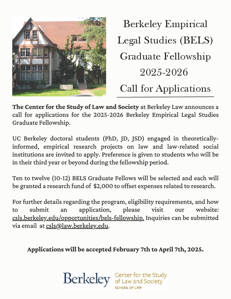 The 2025-2026 Berkeley Empirical Legal Studies Graduate Fellowship (BELS) application period is now open!

Applications will be accepted until April 7th, 2025. See our site for more information about the program and application process: csls.berkeley.edu/opportunities/…