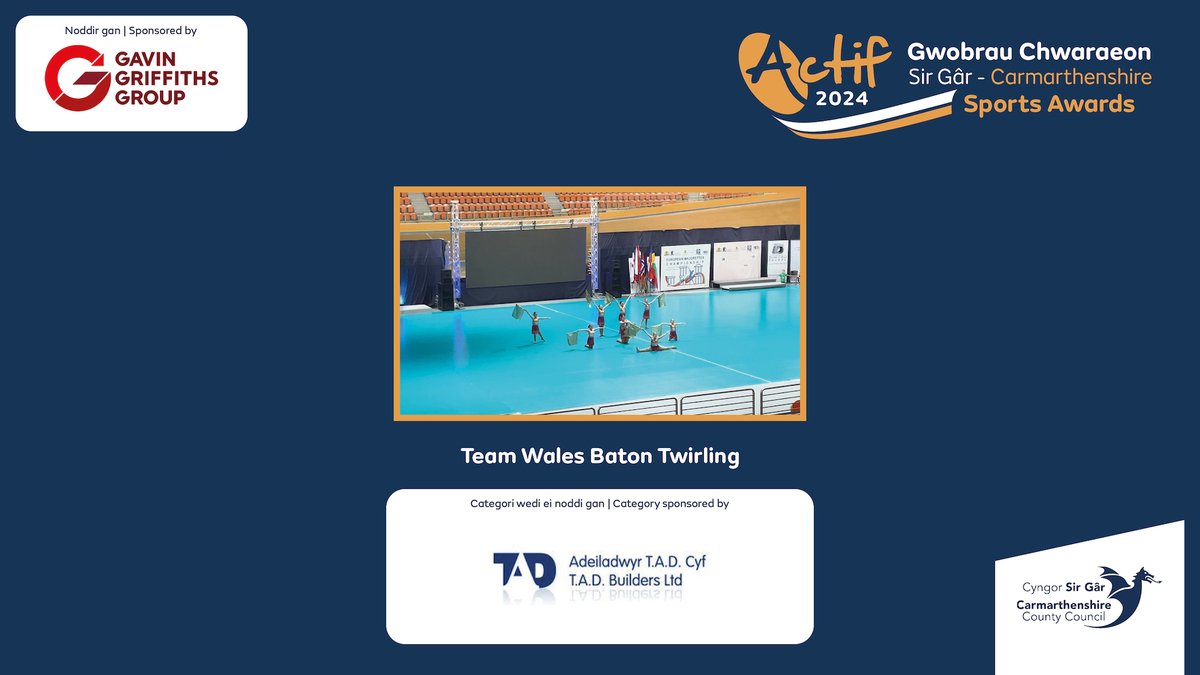Chwaraeon a Hamdden Actif | Actif Sport & Leisure (@sportcarms) on Twitter photo 🏆 #GwobrauActifAwards #Llanelli 🏆
*Tîm Ifanc Y Flwyddyn* / *Young Team of the Year*
Noddwr/Sponsor: <a href="/TADBuilders/">TAD Builders Ltd</a>
Enillydd/Winner: Team Wales, Baton Twirling
Ail/Runner-Up: Bro Dinefwr U16s Girls Rugby Team and Maes Y Gwendraeth U18s Rugby Team 🏆 #GwobrauActifAwards #Llanelli 🏆
*Tîm Ifanc Y Flwyddyn* / *Young Team of the Year*
Noddwr/Sponsor: <a href="/TADBuilders/">TAD Builders Ltd</a>
Enillydd/Winner: Team Wales, Baton Twirling
Ail/Runner-Up: Bro Dinefwr U16s Girls Rugby Team and Maes Y Gwendraeth U18s Rugby Team