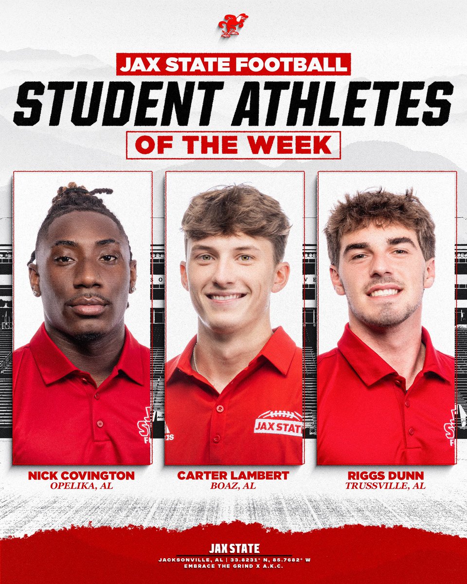 Jax State Football (@jaxstatefb) on Twitter photo ๐๐ญ๐ฎ๐๐๐ง๐ญ ๐๐ญ๐ก๐ฅ๐๐ญ๐๐ฌ of the Weekโ๏ธ
Nick Covington
<a href="/CarterLambert20/">Carter Lambert</a>
<a href="/riggs_dunn/">Riggsโthe winter soldierโDunn</a>
#EmbraceTheGrind | #AKC ๐๐ญ๐ฎ๐๐๐ง๐ญ ๐๐ญ๐ก๐ฅ๐๐ญ๐๐ฌ of the Weekโ๏ธ
Nick Covington
<a href="/CarterLambert20/">Carter Lambert</a>
<a href="/riggs_dunn/">Riggsโthe winter soldierโDunn</a>
#EmbraceTheGrind | #AKC