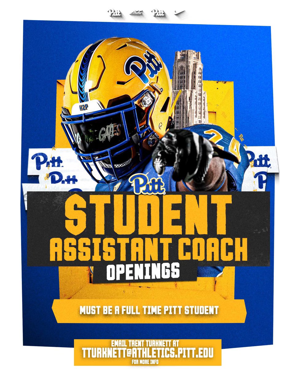 Trent Turknett (@coachturkfb) on Twitter photo 🚨ATTENTION <a href="/PittTweet/">University of Pittsburgh</a> students🚨
Pitt football is looking to add motivated student assistants to help us win a championship 🏆 If interested, send me an email for more information #H2P #HTG 🚨ATTENTION <a href="/PittTweet/">University of Pittsburgh</a> students🚨
Pitt football is looking to add motivated student assistants to help us win a championship 🏆 If interested, send me an email for more information #H2P #HTG