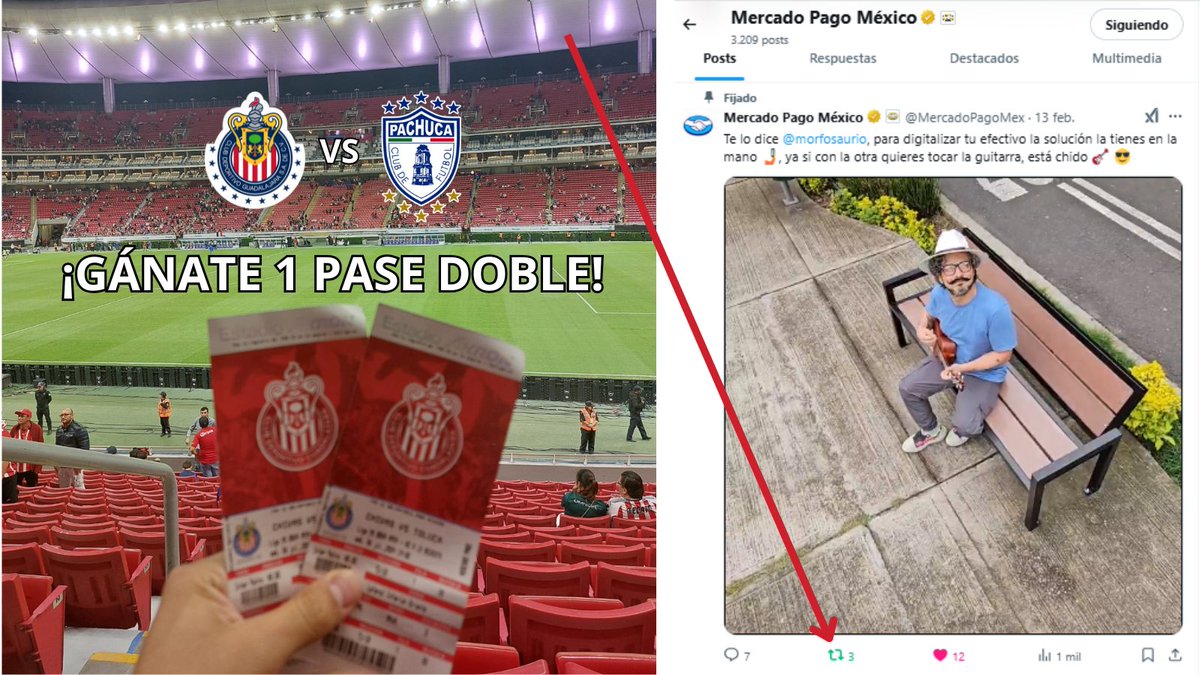 ¡GANATE UN PASE DOBLE PARA EL <a href="/CHIVAS/">CHIVAS</a> VS Pachuca! 🎟️🎟️
 
1️⃣ Sigue a <a href="/MercadoPagoMex/">Mercado Pago México</a> y a mí
2️⃣ Dale 🔁 y ❤️ a este post
3️⃣ Dale RT al Tweet Fijado📌 en la cuenta de <a href="/MercadoPagoMex/">Mercado Pago México</a>
4️⃣ Menciona a tu pronóstico y arroba a un amig@ 

¡SE RIFARÁ 1 PASE DOBLE! 📲 Suerte🍀