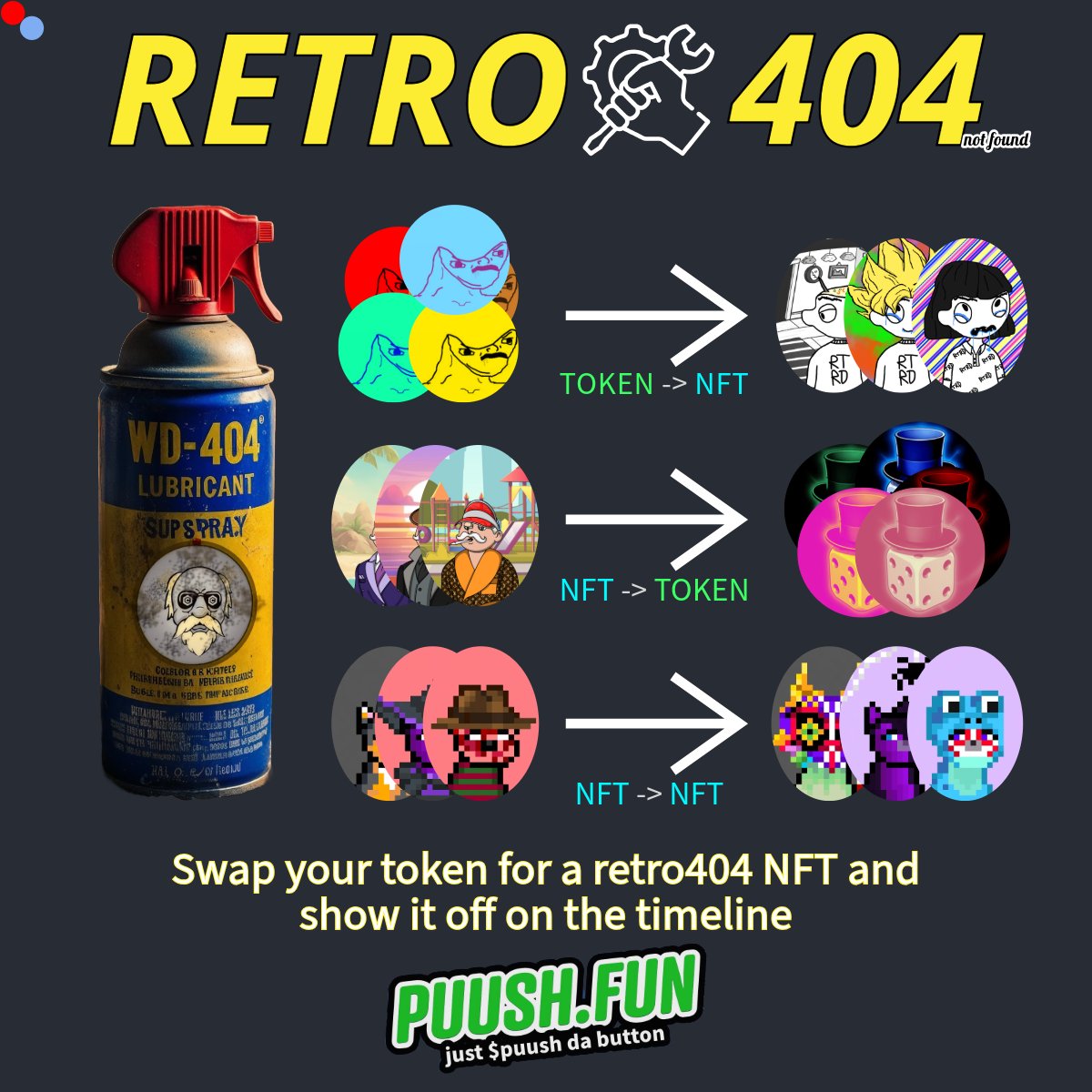 give your token a little extra oomph and swap it in for a nft you can show off on the timeline

- swap nfts for your token
- swap tokens for your nft
- swap nfts for other nfts

#retro404's make it easy
🫵🔴🔵