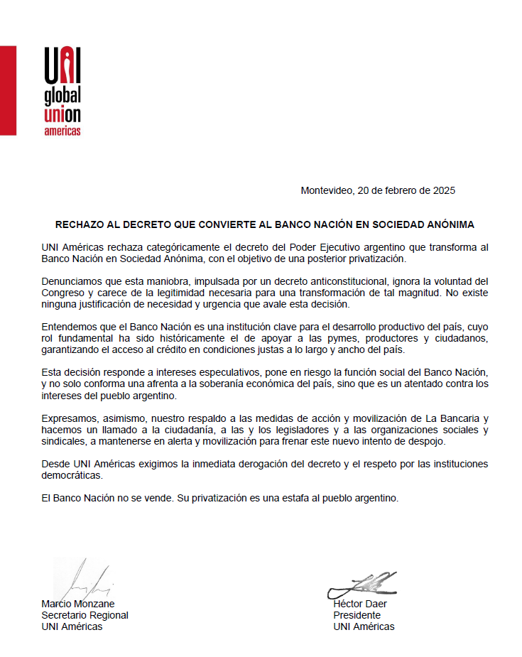 🚨🇦🇷Rechazamos categóricamente el decreto del Poder Ejecutivo argentino que transforma al <a href="/BancoNacion/">Banco Nación</a> en Sociedad Anónima, con el objetivo de una posterior privatización.

Vaya nuestro respaldo y apoyo a <a href="/La_Bancaria/">Asociación Bancaria</a> en su plan de lucha y medidas de acción.
#ElNacionNoSeVende