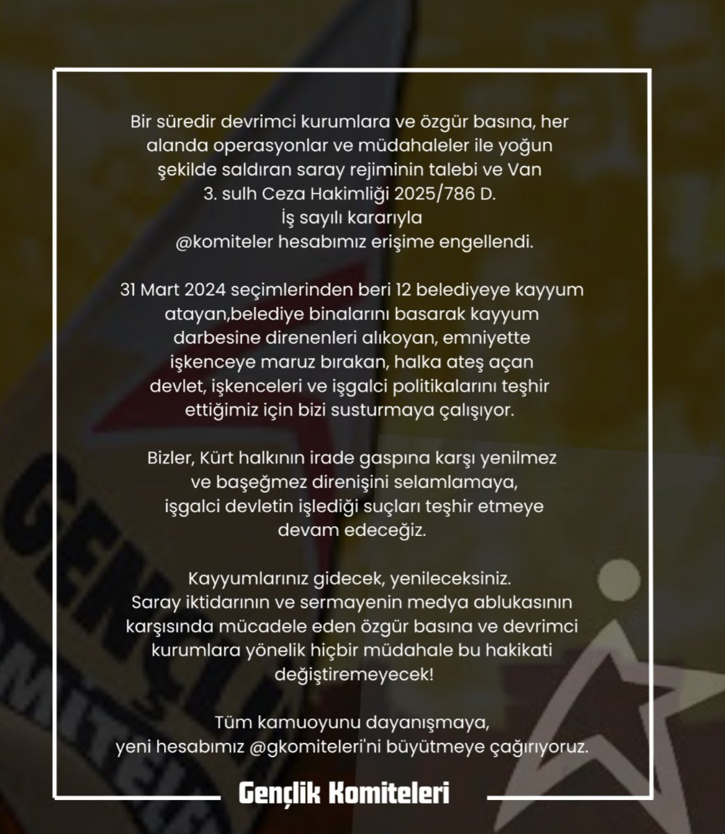 Gençlik Komiteleri (@gkomiteleri) on Twitter photo Hesabımıza getirilen erişim engeli sebebiyle artık paylaşımlarımıza bu hesaptan (<a href="/gkomiteleri/">Gençlik Komiteleri</a>) devam edeceğiz.
Devrimci dayanışmayla! Hesabımıza getirilen erişim engeli sebebiyle artık paylaşımlarımıza bu hesaptan (<a href="/gkomiteleri/">Gençlik Komiteleri</a>) devam edeceğiz.
Devrimci dayanışmayla!