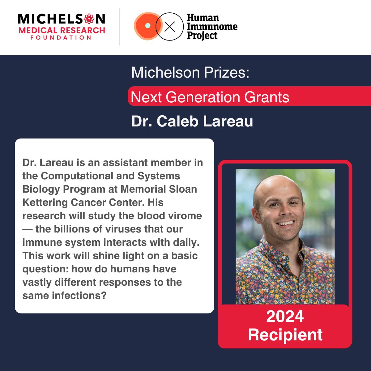 Michelson Medical Research Foundation (@michelsonmedrf) on Twitter photo Congratulations to Dr. <a href="/CalebLareau/">Caleb Lareau</a>, 2024 #MichelsonPrizes recipient! His work will study the blood virome and answer the critical question: how do humans have vastly different responses to the same infection? Congratulations to Dr. <a href="/CalebLareau/">Caleb Lareau</a>, 2024 #MichelsonPrizes recipient! His work will study the blood virome and answer the critical question: how do humans have vastly different responses to the same infection?