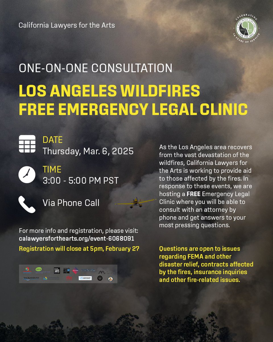 🚨FREE EMERGENCY LEGAL CLINIC  
📆 Thursday, Mar 6, 3–5 PM PST  

CLA is hosting a phone-based LA Wildfires Legal Clinic to help with disaster relief, contracts, and insurance claims. Spots limited! Registration closes 5 PM, Feb 27.

Register:
calawyersforthearts.org/event-6068091