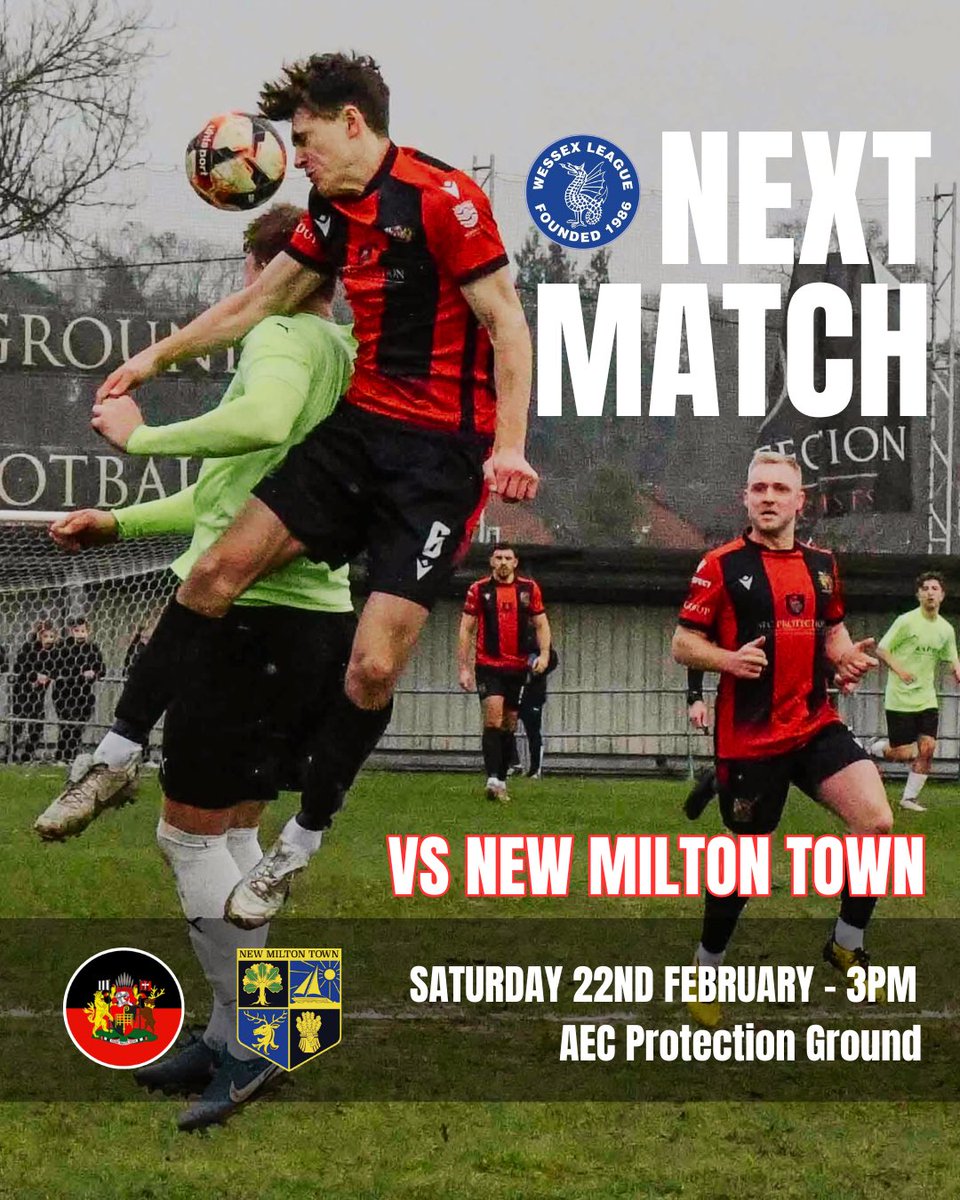 Romseytownfc1's tweet image. Up Next…⚽️

Back at home this Saturday as we welcome @NewMiltonTown to Romsey in the @wessexleague 

Who’s coming down to support the lads? 
#upthetown❤️🖤 

⚽️ @Romseytownfc1 🆚 @NewMiltonTown 
🕒KO 3pm
📍AEC Protection Ground 

#supportlocalfootball #romseyfootball