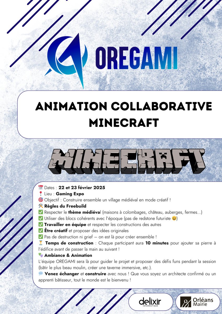 oregami45's tweet image. Hello ! Retrouvez nous ce weekend à la Gaming Expo. On a préparé plein d'activités pour vous.
Et vous vous souvenez de l'activité type "fil rouge" dont on vous parlait ? Et bien nous avons le plaisir de vous annoncer ça se passera sur Minecraft 🎮
On a hâte de vous y retrouver 🔥