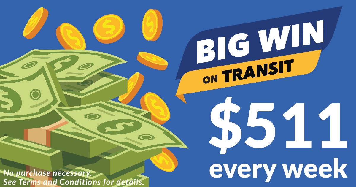 COLLEGE COMMUTERS – You could win $511! Each day you ride transit to college (or anywhere), you get another entry in our Big Win on Transit drawings for $511 – up to 7 entries each week. Must be 18+ and live or attend college in Contra Costa. Sign up now: 511cc.org/bigwin