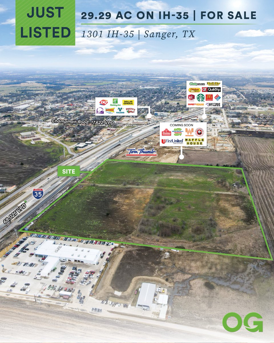 oldhamgoodwin's tweet image. For Sale | 29.29 AC on IH-35 | DFW MSA
Development site in Sanger, TX, with IH-35 frontage, strong demographics, and utilities available. Shadow-anchored by a 130-acre mixed-use development.
Contact Tyler Bradfield for more info: 979.977.7656 - Tyler.Bradfield@OldhamGoodwin.com