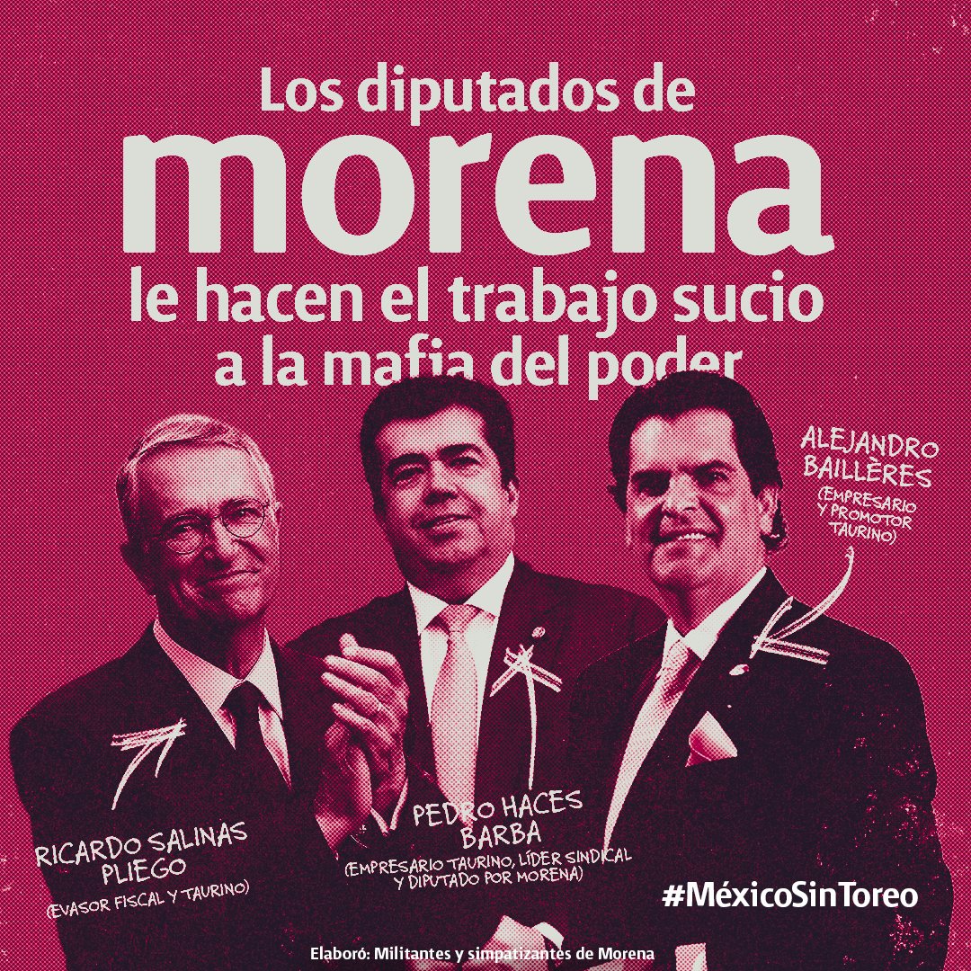 Los diputados del <a href="/GPMorenaCdMex/">Grupo Parlamentario de Morena en Ciudad de México</a> en el <a href="/Congreso_CdMex/">Congreso de la Ciudad de México</a> le hacen el trabajo sucio a los empresarios y promotores taurinos que por décadas han integrado la mafia del poder, que hoy, con millonarios recursos están cooptando a legisladores de izquierda para retrasar la votación de la