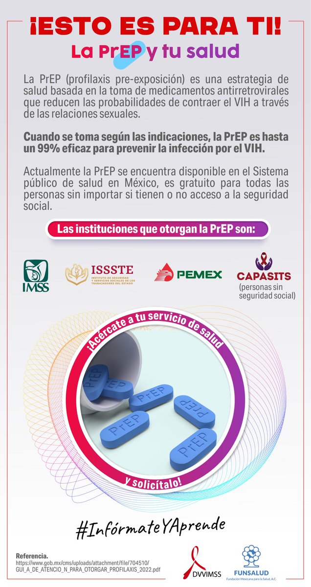"¿Tienes #SeguroSocial? 📢 La PrEP ya está disponible en las UMF. Acude a tu unidad correspondiente y accede a esta medida de prevención del VIH con una efectividad del 99%. ¡Infórmate y protege tu salud! #VIH #Prevención" #InformateYÁctua #UMF5 <a href="/IMSSCDMXNorte/">IMSS CDMX Norte</a>