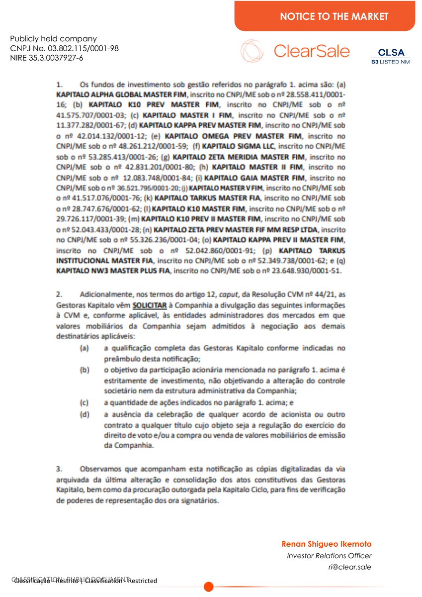 CalixtoCapital's tweet photo. #CLSA3 | CLEARSALE | Comunicado ao Mercado https://t.co/LUalmveWUl