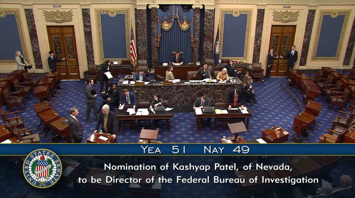 Kash Patel confirmed as FBI Director in a 51-49 vote.

Republican Senators Susan Collins and Lisa Murkowski voted against him.
