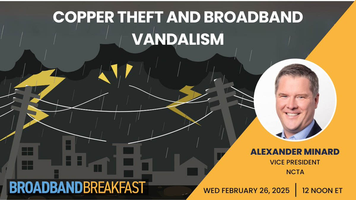 BroadbandCensus's tweet photo. Excited to welcome @NCTAitv's Vice President and Lead Legislative Counsel Alexander Minard to our February 19 #BroadbandLive session on Copper Theft and Broadband Vandalism. His experience with national intergovernmental organizations, and his background managing the @FCC's high-cost universal service program provide him with a unique perspective on the issue of broadband vandalism.
Register here: https://t.co/5lzjVJxvQu
#BroadbandLive #NCTAitv #AlexanderMinard #broadband #FCC