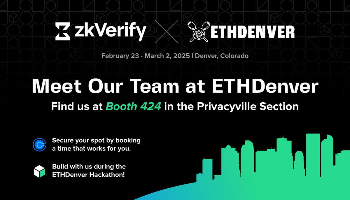 zk V e r i f y (@zkvprotocol) on Twitter photo The zkVerify Team will be on the ground next week in Denver for <a href="/EthereumDenver/">ETHDenver 🏔🦬🦄</a>!
🟢 Build with us during the ETHDenver Hackathon
🟢 Meet us at Booth 424 in the Privacyville Area
🟢 Book a Meeting with us via Calendly
Come learn about zkVerify, build with us, and get cool swag! The zkVerify Team will be on the ground next week in Denver for <a href="/EthereumDenver/">ETHDenver 🏔🦬🦄</a>!
🟢 Build with us during the ETHDenver Hackathon
🟢 Meet us at Booth 424 in the Privacyville Area
🟢 Book a Meeting with us via Calendly
Come learn about zkVerify, build with us, and get cool swag!