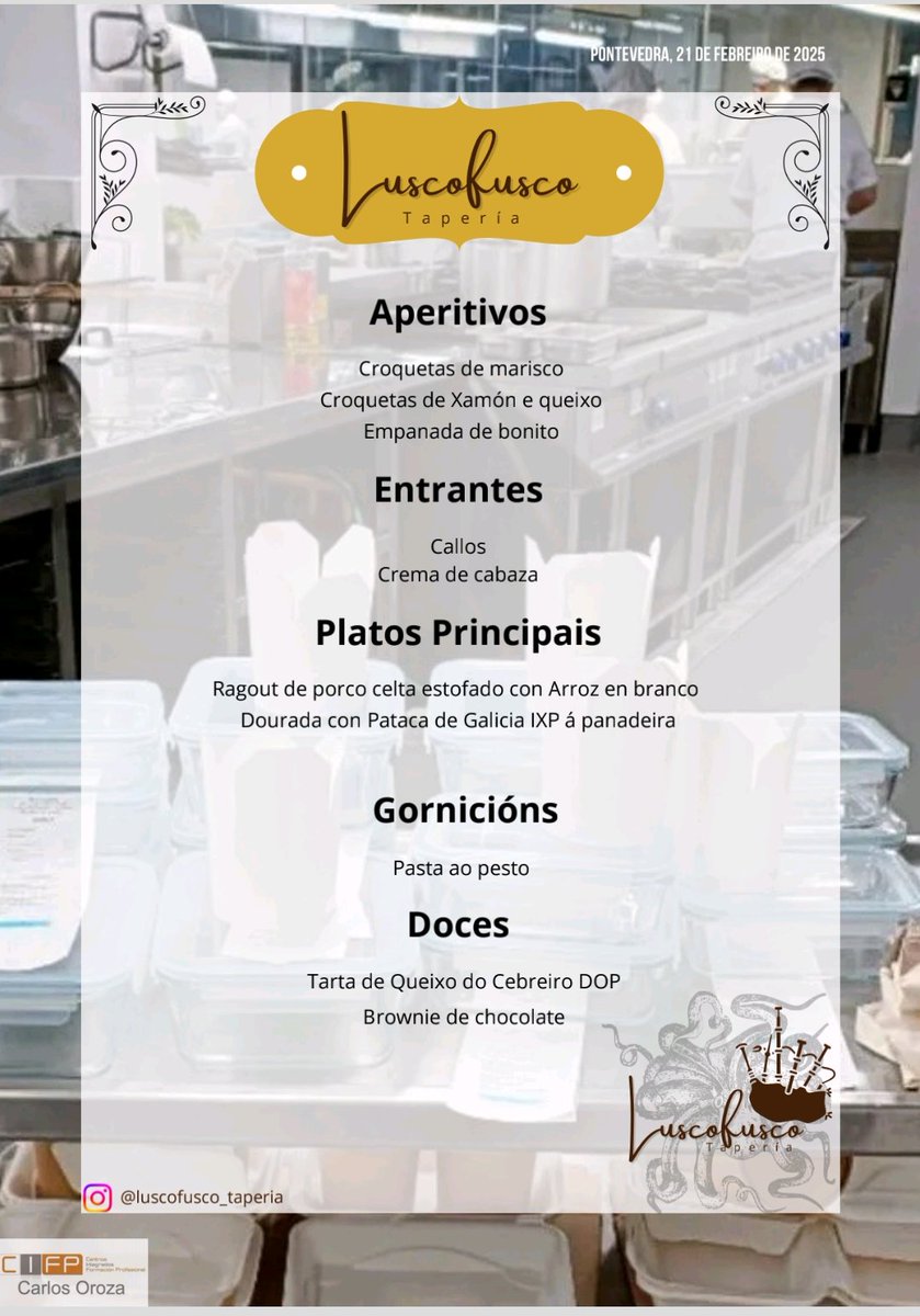 profesorFP's tweet photo. O equipo da alumnos da "Tapería Lusco Fusco" aposta forte para o proxecto final de empresa pola materia prima galega de calidade diferenciada. Tanto na gastroneta PonteVan como na comida ora levar a domicilio ou no restaurante gastronómico.
#FormaciónProfesional
#DirecciónCociña https://t.co/qqbVdtimKK