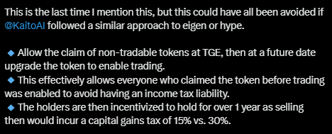 Wish more protocols would take note. I've been forced to sell a decent amount of airdrops that I was bullish on because of this