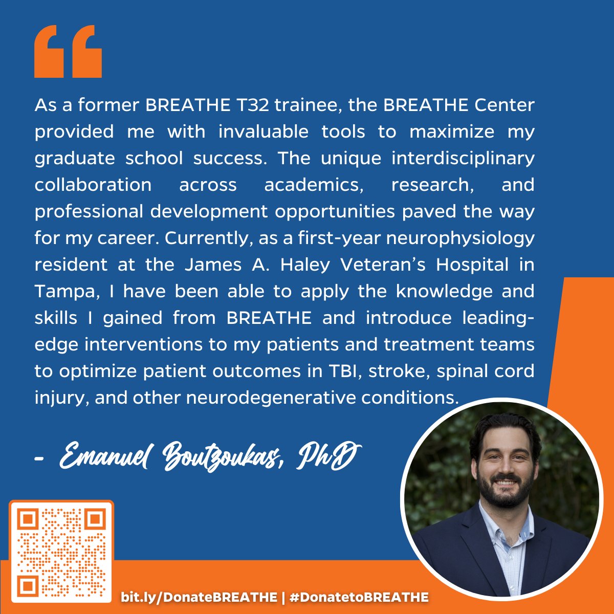 UF.BREATHE (@ufbreathe) on Twitter photo Here's another inspiring story! <a href="/BoutzoukasNeuro/">Manoli Boutzoukas, PhD</a>, a first-year resident at <a href="/TampaVA/">James A. Haley Veterans' Hospital & Clinics</a>, shares how his training at BREATHE contributes to his current work assessing and treating patients with #TBI, #SCI, & other #neurodegenerative conditions.
Give here: bit.ly/DonateBREATHE 🎁 Here's another inspiring story! <a href="/BoutzoukasNeuro/">Manoli Boutzoukas, PhD</a>, a first-year resident at <a href="/TampaVA/">James A. Haley Veterans' Hospital & Clinics</a>, shares how his training at BREATHE contributes to his current work assessing and treating patients with #TBI, #SCI, & other #neurodegenerative conditions.
Give here: bit.ly/DonateBREATHE 🎁