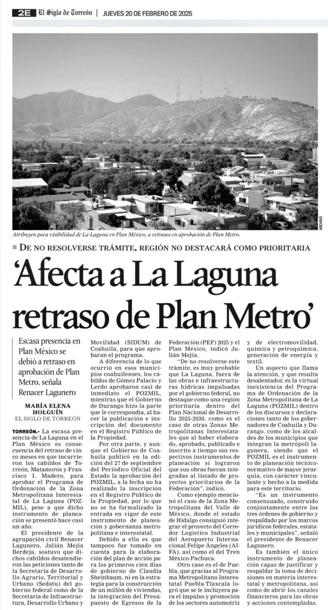 El retraso en la inscripción del Programa Metropolitano en el Registro Público de Coahuila le impide surtir efectos, limitando la inclusión y relevancia de #LaLaguna en el Plan México y el Plan Nacional de Desarrollo del <a href="/GobiernoMX/">Gobierno de México</a> elsiglodetorreon.com.mx/noticia/2025/r…