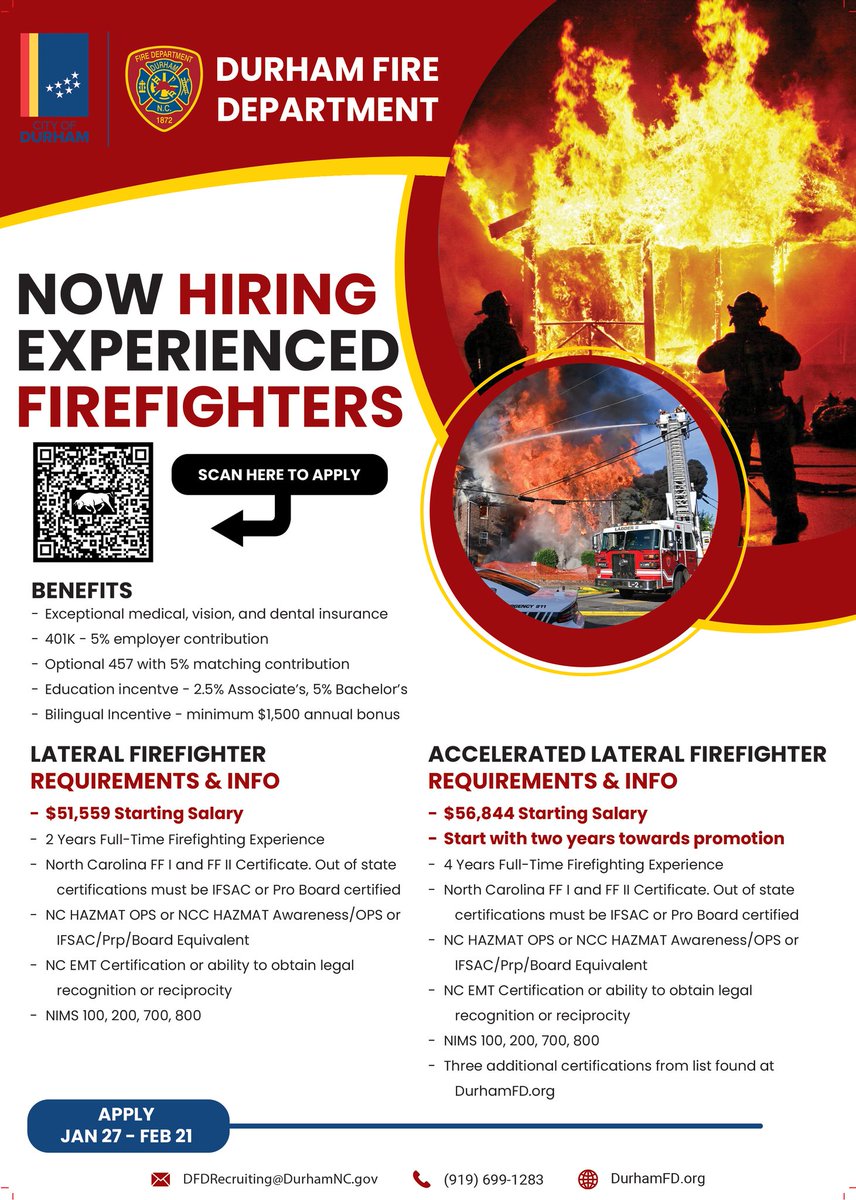 There are only TWO DAYS LEFT to apply for our Lateral and Accelerated Lateral process!

We will be accepting applications from experienced firefighters until 11:59 PM tomorrow - don't miss your chance to join the DFD!

Here is the link to the application: governmentjobs.com/careers/durham…