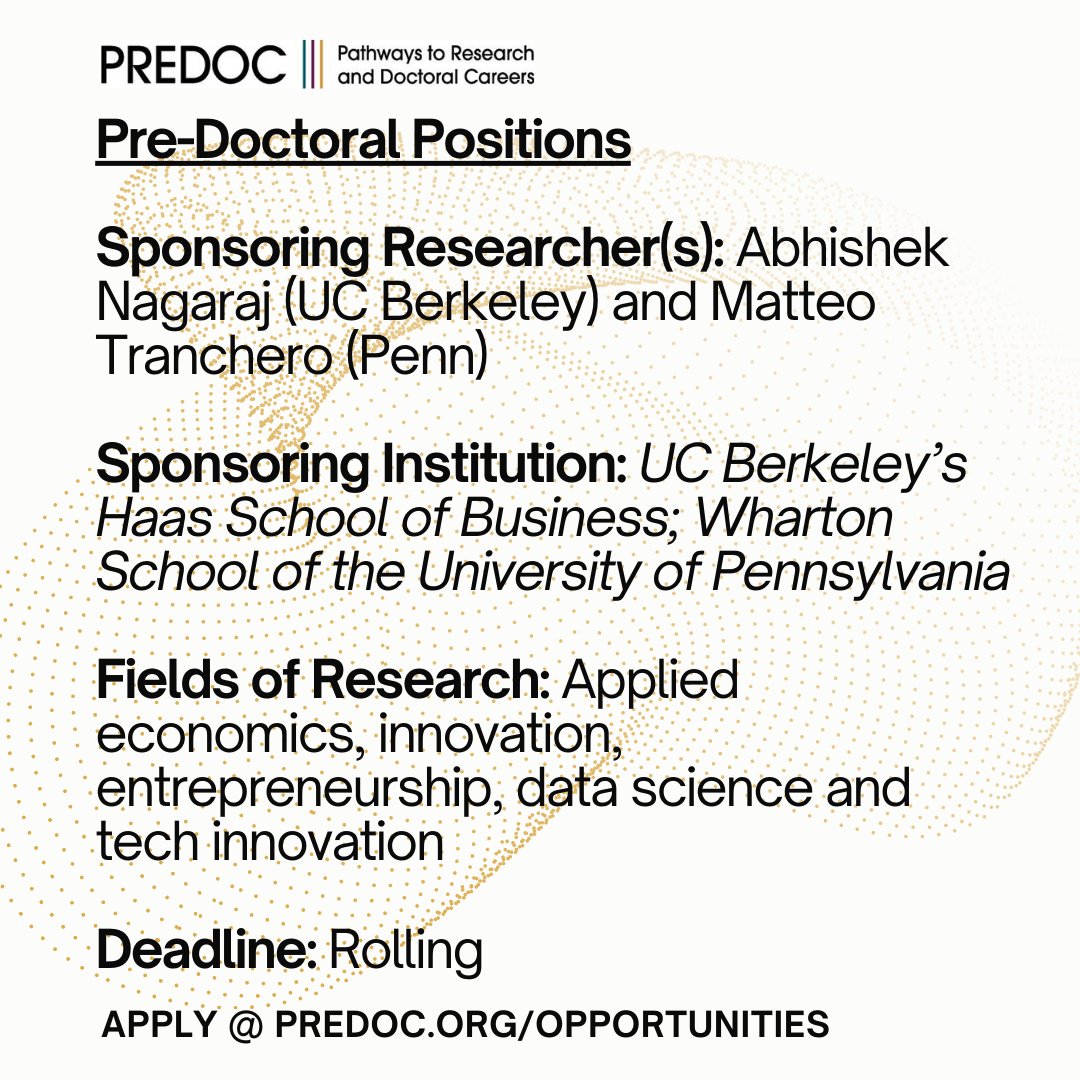 <a href="/BerkeleyHaas/">Haas School of Business</a> Prof Abhishek Nagaraj (<a href="/abhishekn/">Abhishek Nagaraj 🗺️</a>) and <a href="/Wharton/">The Wharton School</a> Prof Matteo Tranchero (<a href="/MTranchero/">Matteo Tranchero</a>) are looking for pre-docs! Candidates will be hired by the National Library of Medicine to use advanced econometric methods to evaluate NLM data technologies. bit.ly/3CM4IxV