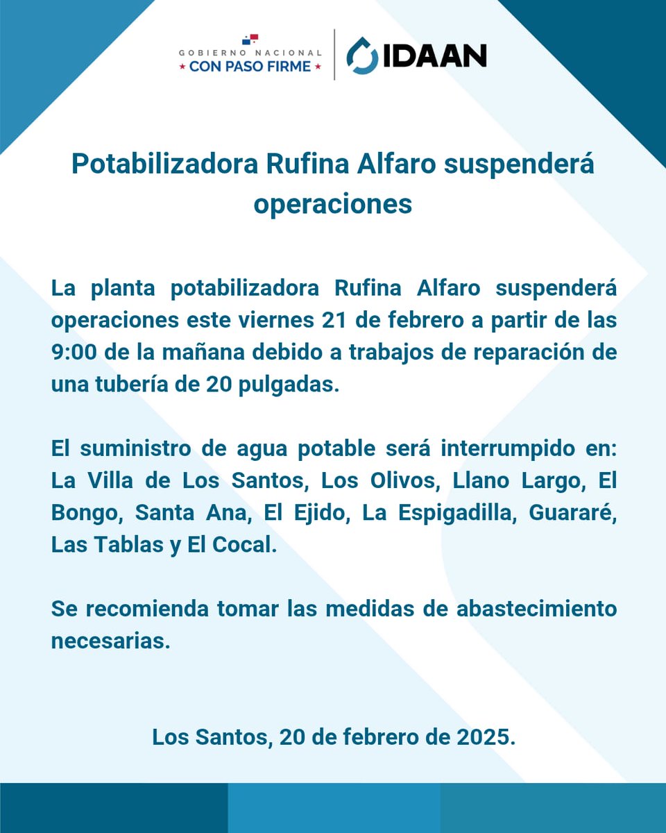 📍Los Santos: Planta Potabilizadora Rufina Alfaro suspenderá operaciones este viernes 21 de febrero, por trabajos de reparación de una tubería de 20 pulgadas.

<a href="/311Panama/">311 Panamá</a>
#ConPasoFirme 
#SomosIDAAN