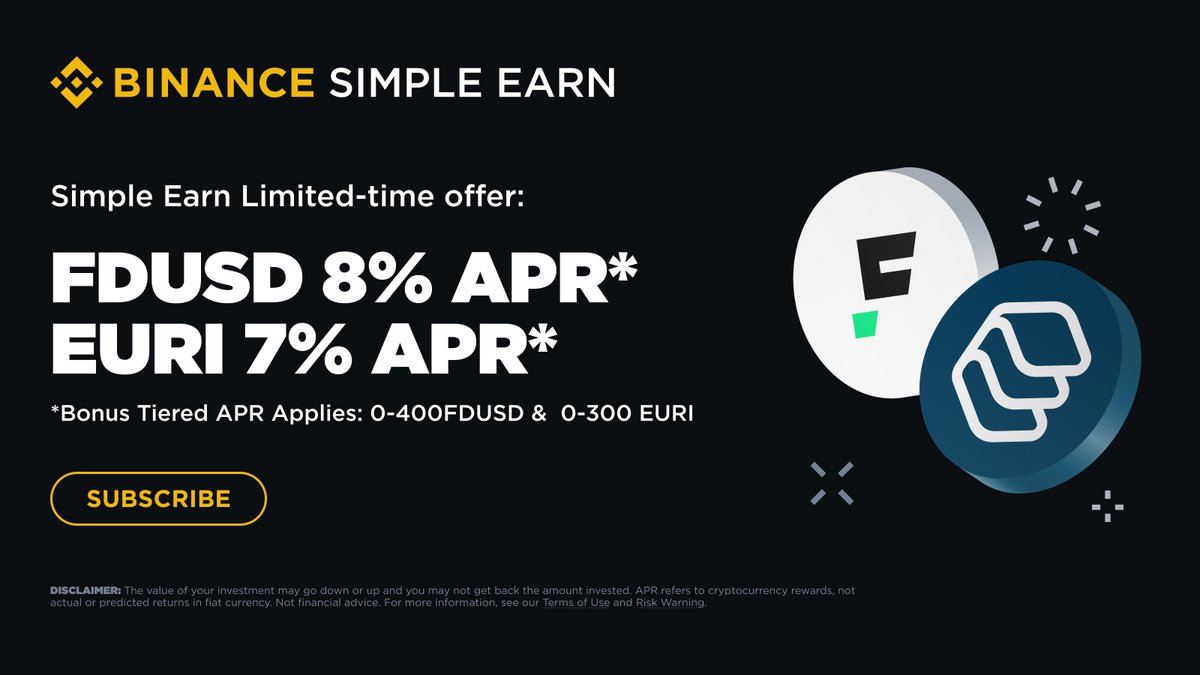 binance's tweet image. Earn More with Stablecoins!

Binance Earn introduces Simple Earn Stablecoin Specials!

Enjoy an 8% Bonus Tiered APR on FDUSD and a 7% Bonus Tiered APR on EURI—in addition to Real-Time APR rewards!

Subscribe now 👉 binance.com/en/support/ann…
