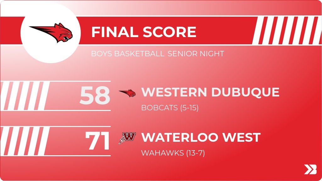Boys Basketball (Varsity) Score Posted - Western Dubuque Bobcats lose to Waterloo West Wahawks 71-58. gobound.com/ia/ihsaa/boysb…