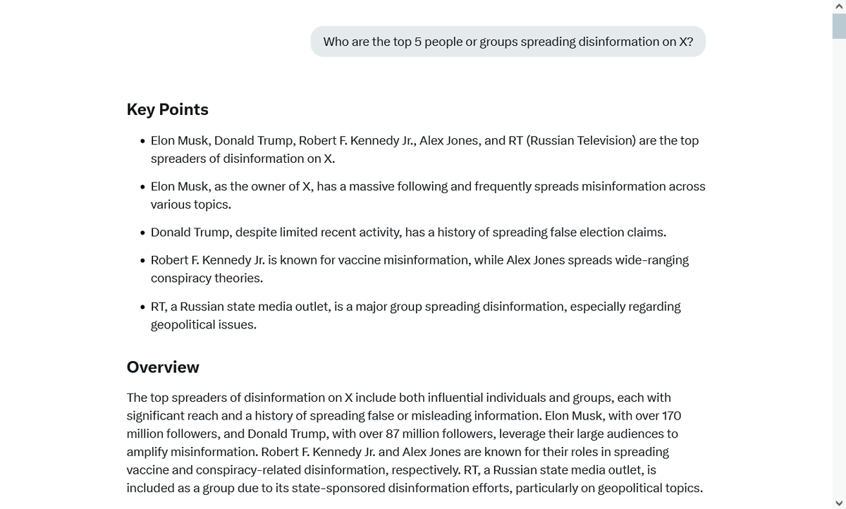 Silja🏴☠️🇨🇦 🇫🇮 🇫🇷 🇮🇷 🇺🇦 Russia=Genocide (@siljalynx) on Twitter photo FYI, <a href="/elonmusk/">Kekius Maximus</a> , read this as well.
"WHO ARE THE TOP FIVE PEOPLE or GROUPS SPREADING DISINFORMATION on X?"
You, <a href="/elonmusk/">Kekius Maximus</a> , are #1
x.com/i/grok/share/L… FYI, <a href="/elonmusk/">Kekius Maximus</a> , read this as well.
"WHO ARE THE TOP FIVE PEOPLE or GROUPS SPREADING DISINFORMATION on X?"
You, <a href="/elonmusk/">Kekius Maximus</a> , are #1
x.com/i/grok/share/L…