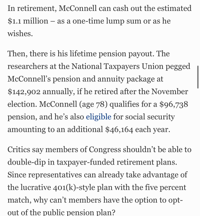 Hey <a href="/elonmusk/">Elon Musk</a> how about you cut the pension and retirement plans for ex-politicans? You and #DOGE should get to work there on that government waste spending. I am sure Mitch McConnell would be OK with that since he is worth so much.