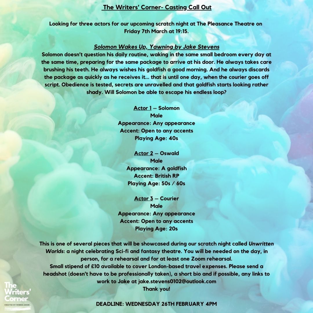 📢Casting Call📢

Looking for performers to bring our upcoming Sci-Fi &amp; Fantasy scratch night to life at <a href="/ThePleasance/">Pleasance</a> 

🎭Roles available for all ages &amp; experience levels!  
✨CASTING FOR 6 DIFFERENT PIECES
 
1/2

#CastingCall #SciFiFantasy  #ActingOpportunities #SciFiNight