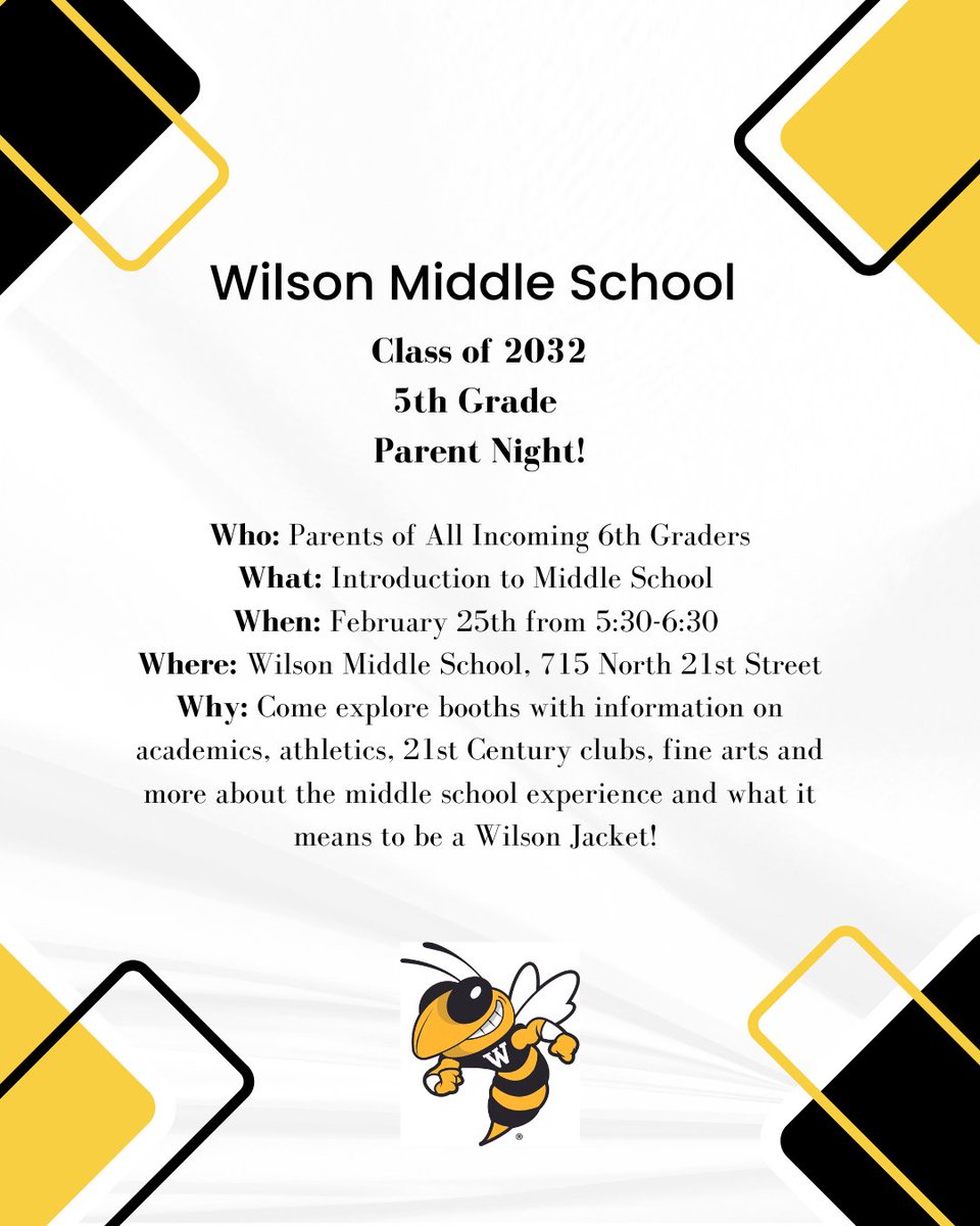 Hello 5th Grade Parents! You are invited to this special event, hosted by Wilson Middle School! You will learn so much about all of the opportunities your child will experience in middle school next year! #AchieveMore
