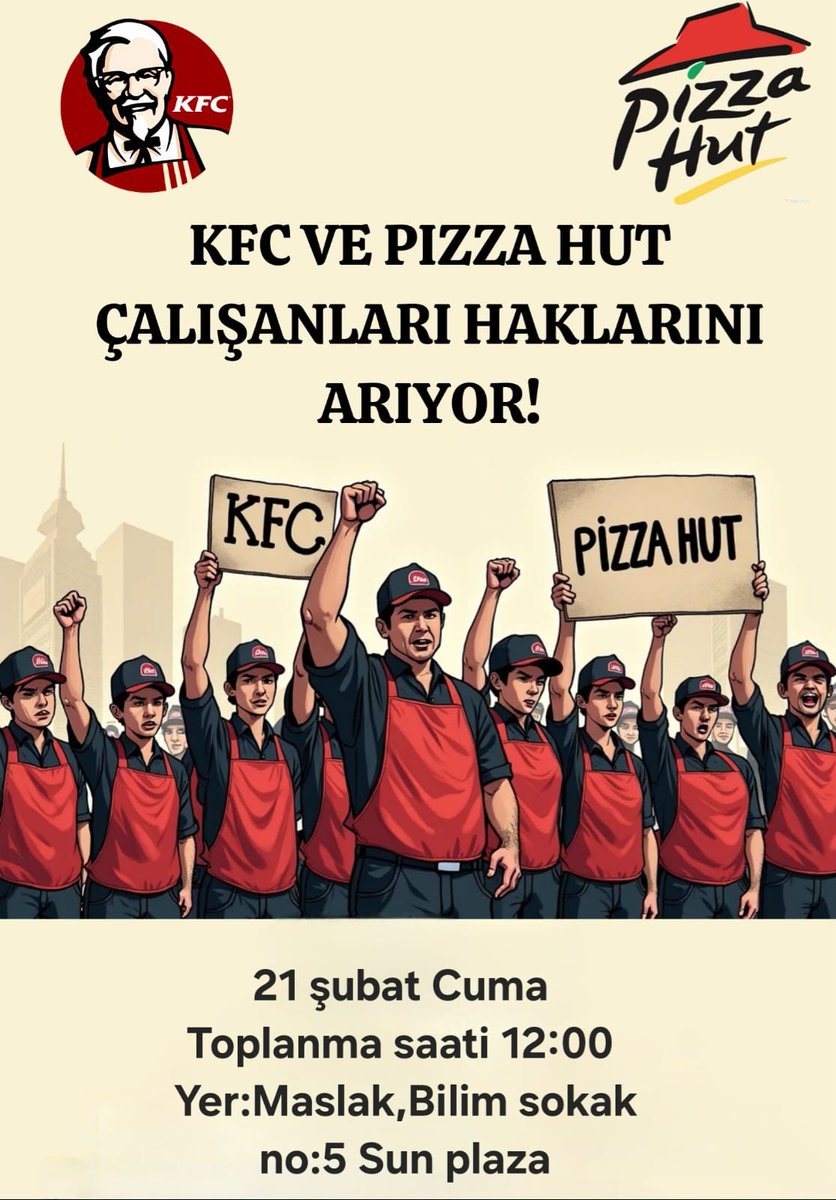Kfc ve pizza hut ta çalışan 7000 kişiyi ve ailesini  Bu kış günü insanları aç susuz ve işsiz  bıraktınız. ZALİM patron <a href="/ilkemsahin/">İlkem Şahin</a> ve onun işbirlikçisi <a href="/yumbrands/">Yum! Brands</a> bunun hesabı size sorulacaktır.
Yarın geliyoruz!!!
<a href="/csgbakanligi/">T.C. Çalışma ve Sosyal Güvenlik Bakanlığı</a> 
<a href="/RTErdogan/">Recep Tayyip Erdoğan</a>