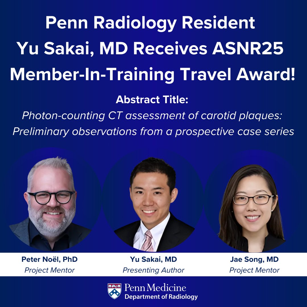 Dr. Yu Sakai, a 3rd-year Diagnostic Radiology Resident, was awarded the #ASNR25 Member-In-Training Travel Award. His winning abstract reports observations and discoveries about the added value of photon-counting CT technology for evaluating carotid plaque and stenosis. (1/2)