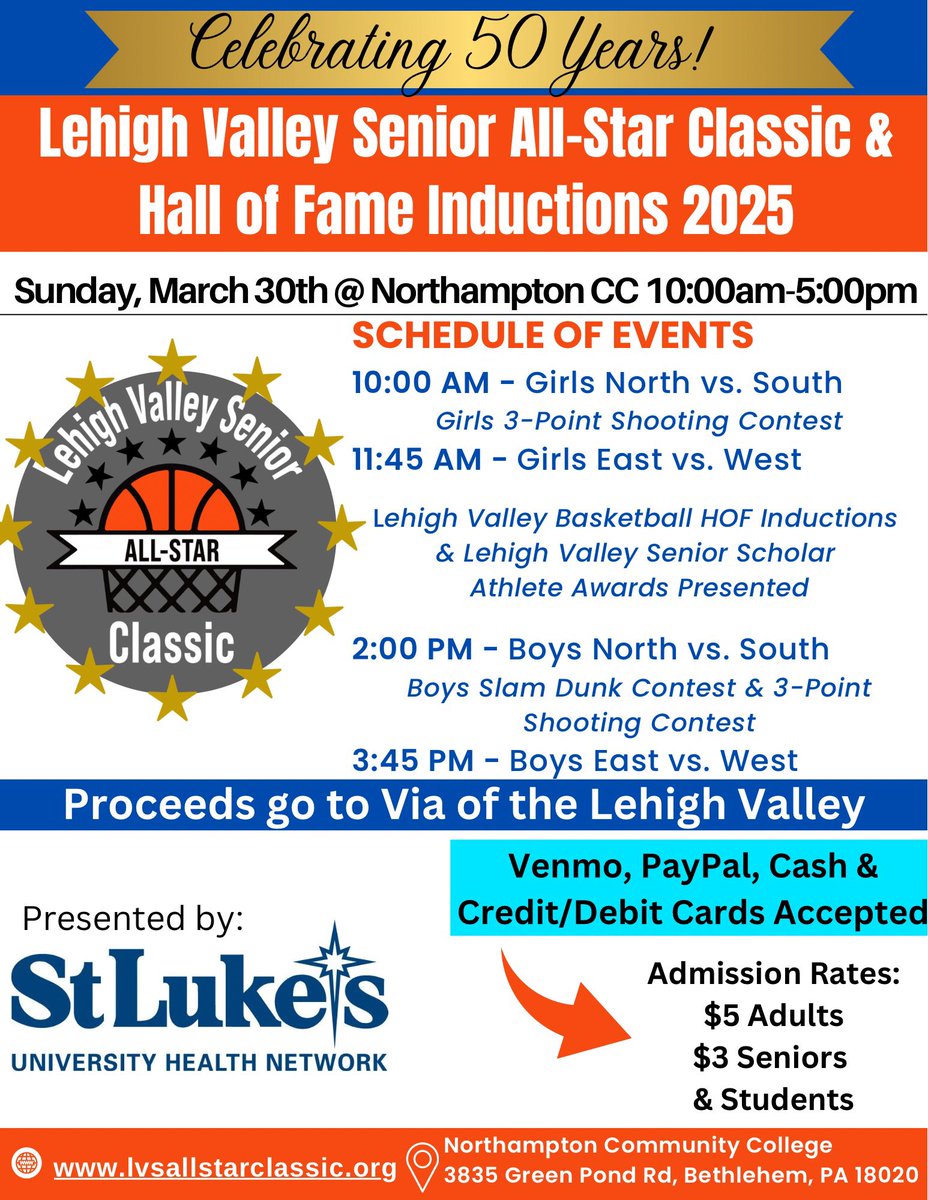 The Lehigh Valley Basketball Hall of Fame Class of 2025 is official! Hope to you on Sunday, March 30th for our 50th Senior All Star Classic &amp; Hall of Fame Induction! See below for more details ⬇️

<a href="/D11Sports/">D11Sports</a>  <a href="/mystlukes/">St. Luke's University Health Network</a>
