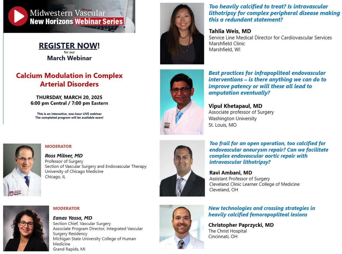 Midwestern Vascular Surgical Society (@mwvssociety) on Twitter photo Still have time to register for our next #NewHorizon webinar on use of intravascular lithotripsy later this week! March 20th at 7 pm CT! <a href="/RaviNAmbani/">Ravi Ambani, MD, MBA</a> <a href="/CincyVascSurg/">Chris Paprzycki MD, FACS</a> <a href="/DrPlaquePuller/">Tahlia Weis MD PhD</a>
Register here: us06web.zoom.us/webinar/regist⦠Still have time to register for our next #NewHorizon webinar on use of intravascular lithotripsy later this week! March 20th at 7 pm CT! <a href="/RaviNAmbani/">Ravi Ambani, MD, MBA</a> <a href="/CincyVascSurg/">Chris Paprzycki MD, FACS</a> <a href="/DrPlaquePuller/">Tahlia Weis MD PhD</a>
Register here: us06web.zoom.us/webinar/registā¦