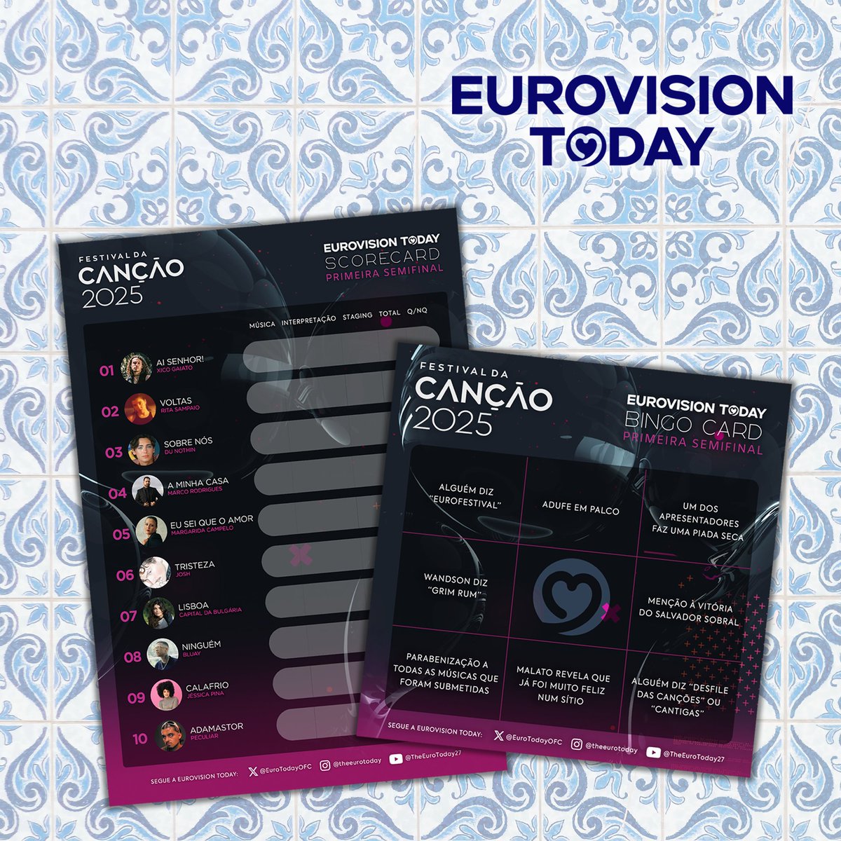 EuroTodayOFC's tweet image. Já tens tudo preparado para a Semifinal 1 do Festival da Canção 2025? 👀

Criámos um Bingo e Scorecard para jogares durante o show! 📝🏆

Partilha connosco os resultados... 😉

Descarrega no link ⬇️
#bingo #scorecard #Eurovision #FdC2025 #FestivalDaCanção #FestivalDaCanção2025