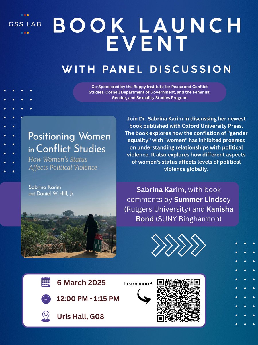 Gender and the Security Sector Lab (@gsslab) on Twitter photo Mark your calendars! 🗓️ <a href="/sabrinamkarim/">Sabrina Karim</a> is holding a #booklaunch event on Thursday, March 6th to discuss "Positioning Women in Conflict Studies: How Women's Status Affects Political Violence" with <a href="/SummerELindsey/">Summer E. Lindsey</a> & <a href="/_kanishabond_/">Kanisha Bond</a>
No registration required! Hope to see you there! Mark your calendars! 🗓️ <a href="/sabrinamkarim/">Sabrina Karim</a> is holding a #booklaunch event on Thursday, March 6th to discuss "Positioning Women in Conflict Studies: How Women's Status Affects Political Violence" with <a href="/SummerELindsey/">Summer E. Lindsey</a> & <a href="/_kanishabond_/">Kanisha Bond</a>
No registration required! Hope to see you there!