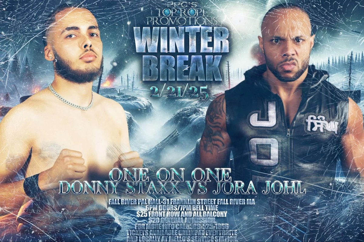 Tomorrow Night
<a href="/jorajohl/">Jora Johl</a> vs <a href="/DonnyStaxx05/">Donny $taxx</a> 

Tomorrow Night at
TRP LIVE Pro Wrestling Presents WINTER BREAK, featuring 8 Man Steel Cage match

Last Minute Tickets are available now at
eventbrite.com/e/trp-winter-b…

Locally tickets can still be picked up at Mello's Service Station