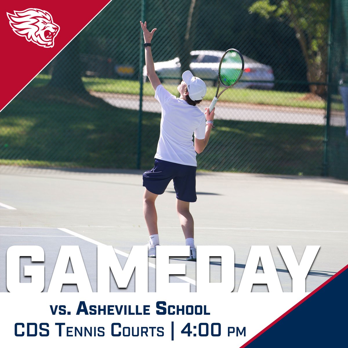 It's GAMEDAY! Varsity Boys Tennis kicks off their season this afternoon. 

🆚: Asheville School
📍: CDS Tennis Courts
⏰: 4:00 PM

#GoLions #RoarAsOne