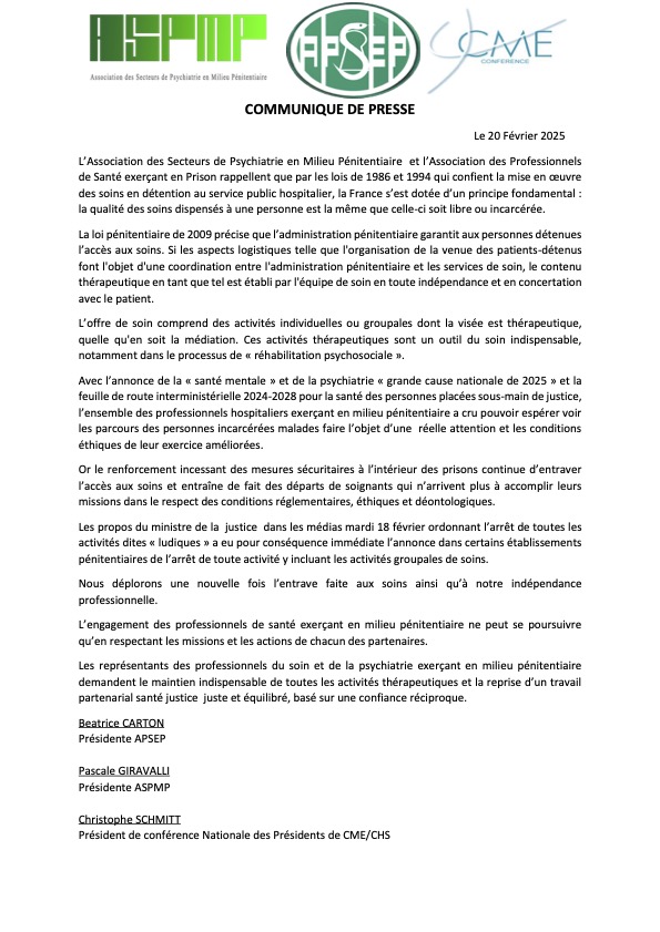 Communiqué de presse #prison #psychiatrie #santementale